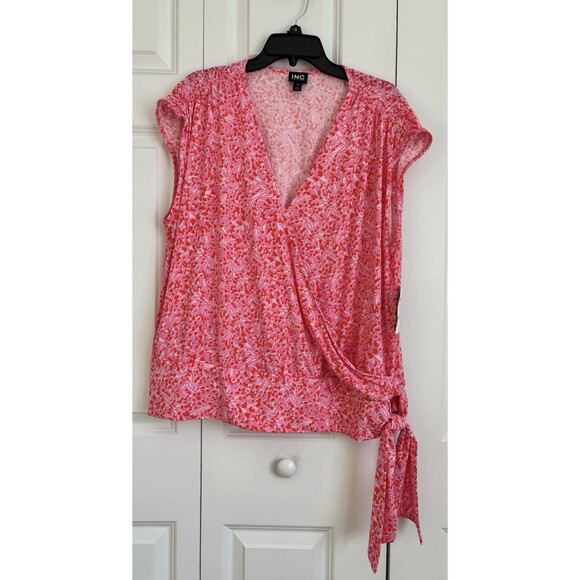 INC International Concepts Tops Women's Cap Sleeve Side Tie Print Pink Plus Size - Picture 1 of 8